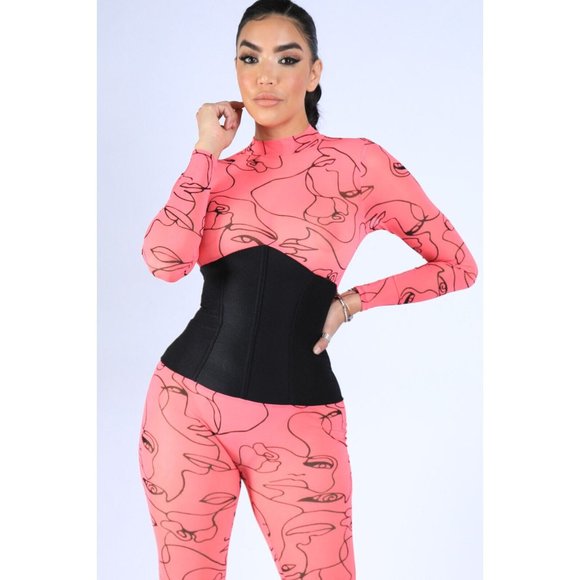 Face Contour Drawing Mesh Skinny Jumpsuit Long Sleeve Neon Pink Mock Neck - Picture 7 of 7